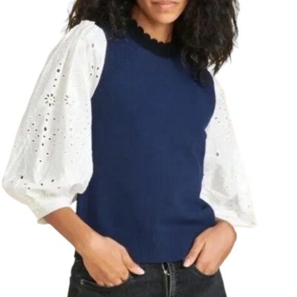 Veronica Beard Women's Roy Mixed Media Pullover Knit Sweater Navy White Size XS - Picture 1 of 13